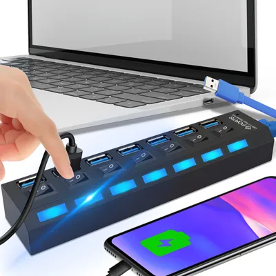 Produktbild von Hub USB Active 3.0 7-portowy adapter Hub Aktywny rozdzielacz USB 5 gb/s Hub danych z oddzielnym przełącznikiem Port zasilania Indywidualne przełączniki zasilania LED Retoo