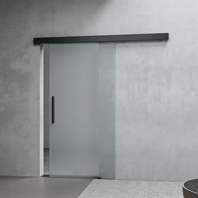 A frosted glass sliding door with a black handle against a concrete wall.