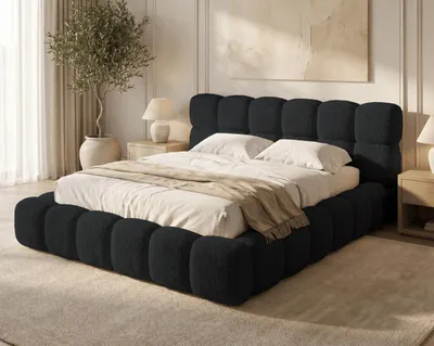 Image de BESILIO Lit rembourré 180x200, tissu bouclé Tokyo – Lit avec coffre de rangement et sommier à lattes, lit moderne avec grande capacité de rangement, en mousse épaisse – Noir