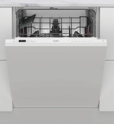 A white built-in dishwasher with its door open, showing the interior racks and controls.