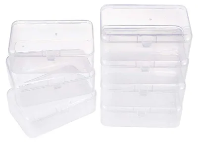 Produktbild von 12 rechteckige Aufbewahrungsboxen aus Kunststoff mit Deckel in verschiedenen Größen für Perlen, Schmuck und andere Gegenstände.
