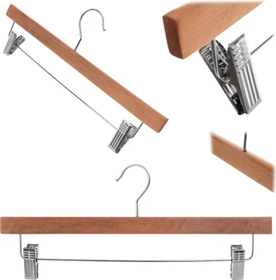 Produktbild von KADAX Kleiderbügel aus Holz, mit Klemmen aus Metall, zwei Einkerbungen, 360°drehbarer Haken, Garderobenbügel für Kleidung, Hosen, Hemd, Rock, Anzug, Jackenbügel, rutschfest