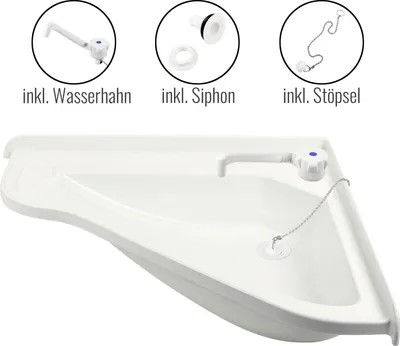 Produktbild von Wohnwagen Waschbecken Groß Set Eckwaschbecken 580x540x90mm + Wasserhahn, Abfluss