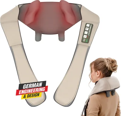 A product shot of a neck massager with a model demonstrating its use, alongside marketing text.