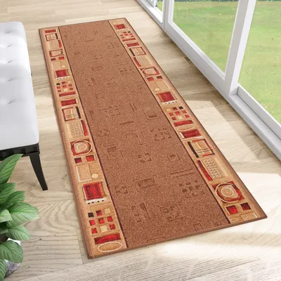 Produktbild von Läufer Teppich Meterware Flur Brücke Wohnzimmer Schlafzimmer Kurzflor Modern Design Rutschfest Braun Rot Figuren Meliert Küche 67 x 660