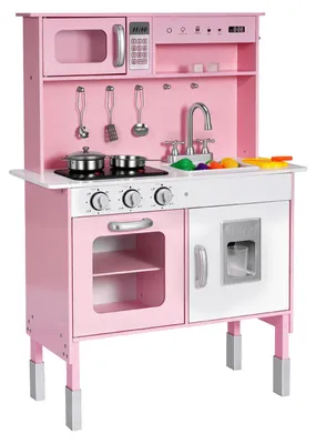 Produktbild von Spielküche für Kinder, Kinderküche aus Holz mit Licht & Sound, Holzküche mit Herd Backofen Spüle Mikrowelle Eisspender & Getränkespender, Küchenspielzeug mit Kochset für Kinder ab 3 Jahren, Rosa