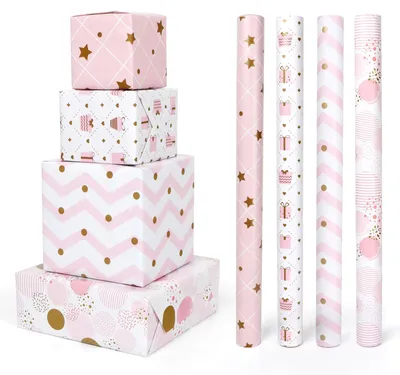 Imagen del producto de Papel de regalo para cumpleaños, color rosa, 4 rollos de 43 x 300 cm cada uno, papel de regalo para niños
