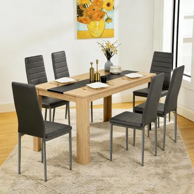 Image de Ensemble de salle à manger : 1 table, 6 chaises, forme rectangulaire, en MDF, revêtue de similicuir, couleur marron et gris, dimensions : 140 x 70 cm
