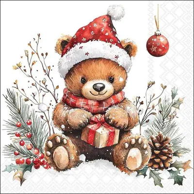 Zdjęcie produktu dla 20 serwetek „Teddys gift white” – świąteczny miś z prezentem, 33 x 33 cm