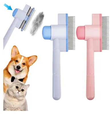 Produktbild von 2 Stück Fellblitz Bürste, Flohkamm für Katzen, Selbstreinigende Haustierbürste für Lang- und Kurzhaarpflege, Ein-Knopf-Reinigung, Krallenpflege und Massage (1 Blau, 1 Rosa)