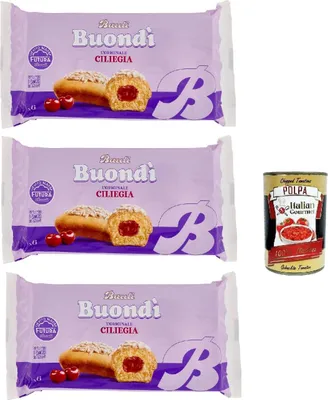 Produktbild von Bauli, Buondì Ciliegia, gebackener Kuchen snack mit Kirsche creme abgepackte Snacks 3x 258g Frühstück + Italian Gourmet polpa 400g