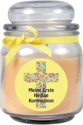 Immagine prodotto di Candela profumata in barattolo per comunione, fragranza: vaniglia (giallo), 300 g - dura fino a 70 ore