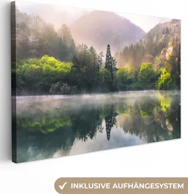 Zdjęcie produktu dla MuchoWow® - Obraz na płótnie - Natura - Drzewa - Góry - Jezioro - Woda, obraz na ścianę, dekoracja ścienna do salonu, 30x20cm