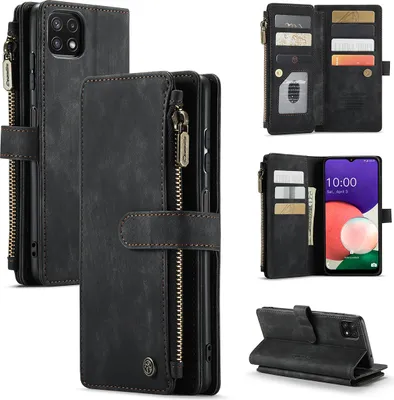 Immagine prodotto di Galaxy A22 5G custodia per cellulare, chiusura a zip custodia in Finto cuoio flip cover chiusura magnetica porta carte funzione stand portafoglio custodia protettiva per Samsung Galaxy A22 5G Nero