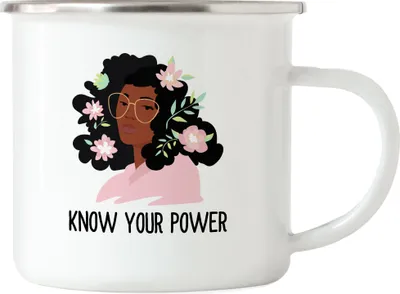 Produktbild von Emaille Tasse Know Your Power Spruch Motiv Geschenk für Superheldinnen Frauenpower Frauentag Feminismus