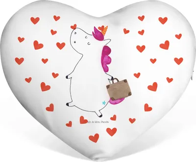 Produktbild von Mr. & Mrs. Panda Dekokissen Einhorn Koffer - Weiß - Geschenk, Unicorn, Liebe Kissen, Sofakissen, dekoartikel, Kuschelkissen, Gepäck, Einhörner, Lustig, Herz, Spaß