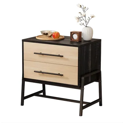 Produktbild von Nachttisch mit 2 Schubladen im Landhausstil – Holz & Metall – Braun – 60×39×62 cm