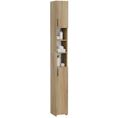 A tall, narrow cabinet with shelves and doors, designed for storage.