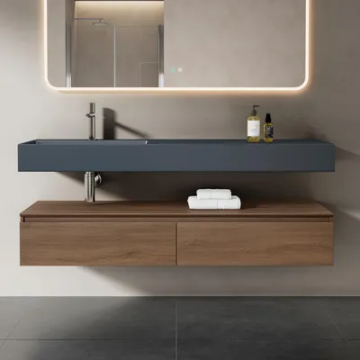 Produktbild von Mai & Mai Badmöbelset Waschtisch mit Unterschrank Eiche 150x48x25cm mit Soft-Close Schubladen inkl. Mineralguss-Waschbecken in matt Anthrazit UP