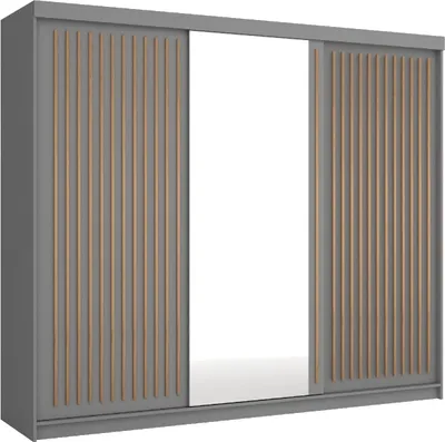 Produktbild von Kleiderschrank ROYAL 250 cm Schrank mit Spiegiel Lamellen Schwebetürenschrank 3-türig Kleiderstange Grau + Wotan Lamellen