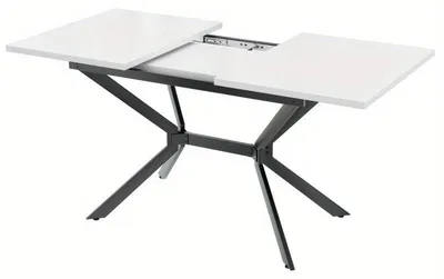 Image de Table extensible pour salle à manger, avec plateau blanc et pieds en métal noir, dimensions 120-160 cm
