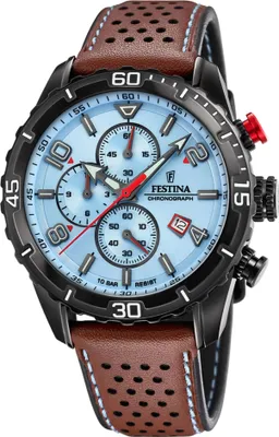 A close-up studio shot of a Festina chronograph watch with a light blue dial and a brown perforated leather strap.
