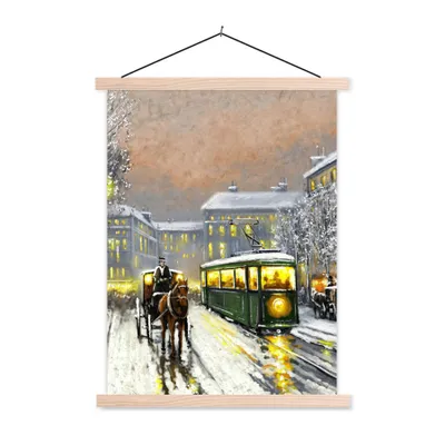 Produktbild von MuchoWow® Textilposter Gemälde - Ölgemälde - Winter - Straßenbahn - Pferd 60x80 cm mit holzfarbenen Rahmen - Wandbild
