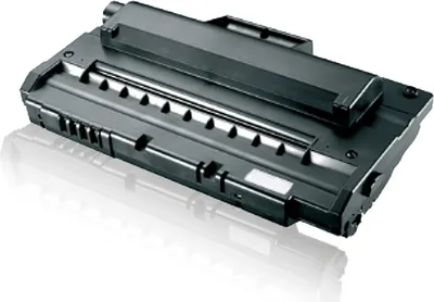 A black toner cartridge is shown on a white background with a reflection.