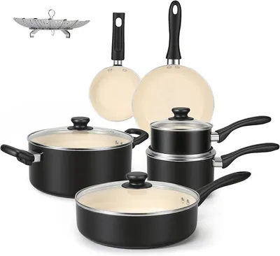 Imagen del producto de Juego de utensilios de cocina con ollas y sartenes de cerámica, con revestimiento antiadherente, en color /crema