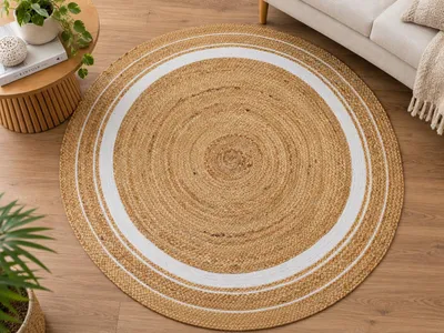Jute-Teppich, rund, natur/gebrochen weiß, 120 cm, handgewebt