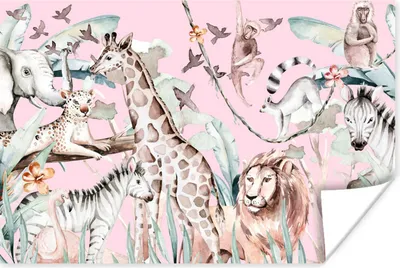 Produktbild von MuchoWow® Poster Wasserfarben - Tiere - Dschungel - Rosa - Mädchen - Kinder - Kinder 30x20 cm - Plakate - Print