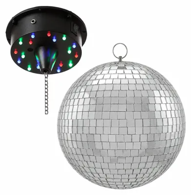 Produktbild von Spiegelkugel SET - RGBW-20 - 20cm Spiegelkugel und Batteriemotor mit LED Farbwechsler
