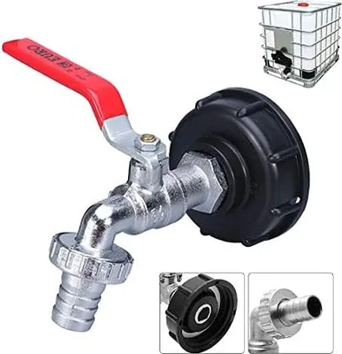 Produktbild von IBC Kugelauslaufhahn, IBC Auslaufhahn, Tankadapter mit Grobgewinde S60x6 und 3/4" Gartenschlauch Wasserhahn Wassertank Schlauchanschluss Ersatz