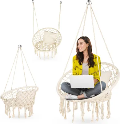 A collage of images showing a macrame hanging chair, with one image featuring a woman using a laptop while sitting in the chair.