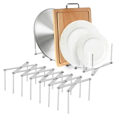 Produktbild von Topfdeckel-Organizer aus Edelstahl, verstellbar, 7-Fächer, teleskopisch faltbar, für Töpfe und Pfannen