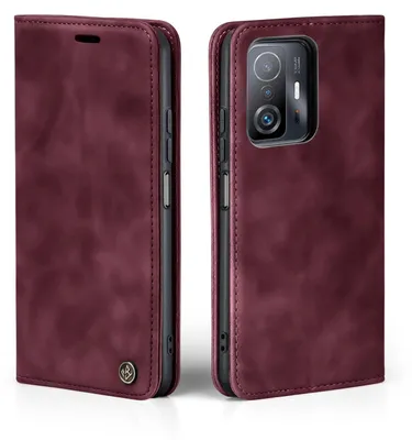 A burgundy flip-style phone case for a Xiaomi 11T/11T Pro is shown from two angles.