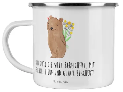 Produktbild von Mr. & Mrs. Panda Emaille Tasse 2018 Geburtstag - Weiß - Geschenk, becher, Pott, Jubiläum, Kaffeepott, Outdoor, Teetasse, Liebe, Happy Birthday, Glückwunsch, liebevoll