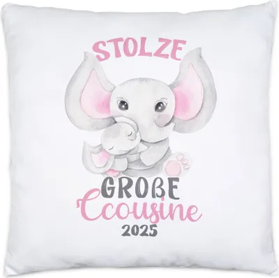 Produktbild von Stolze Große Cousine 2025 Kissen Family Familien Zusammenhalt Geborgenheit Beschützerin Liebe Elefanten