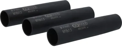 Three black cylindrical metal sleeves are arranged diagonally on a white background.
