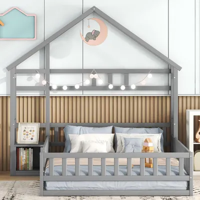 Produktbild von Kinderbetten 140x200 cm (Ohne Matratze) Hochbetten Hausbetten mit Geländer Kinderbetten mit Nachttischen Grau