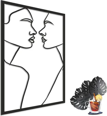 Obrázek produktu pro Ažurový panel - Romantický 3D obraz, prostorová dekorace do obývacího pokoje, polibek, minimalismus, line art, 58x98 cm