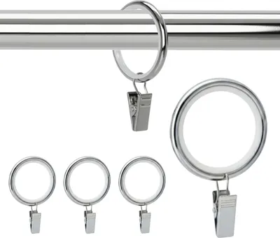 Produktbild von 100 Stück Metall Gardinenringe mit Clips Farbe Nickel für 16 mm & 19 mm Gardinenstangen Vorhangringe 23 mm Innendurchmesser Leises Gleiten