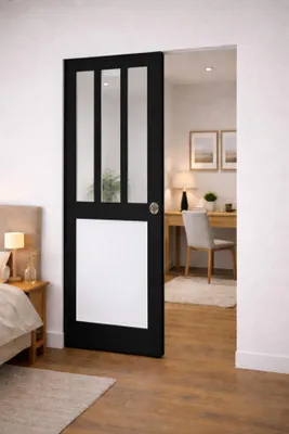 Immagine prodotto di Porta scorrevole da officina nera, pannello bianco con vetro H204 x L83 cm, incasso Gd Menuserie