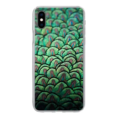 Produktbild von MuchoWow® Handyhülle Schutzhülle Hülle für iPhone Xs Nahaufnahme des Gefieders eines Pfaus Silikon Softcase Handy Hülle - Handytasche