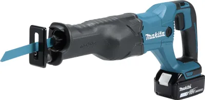 A cordless reciprocating saw with a battery pack attached, shown against a white background.