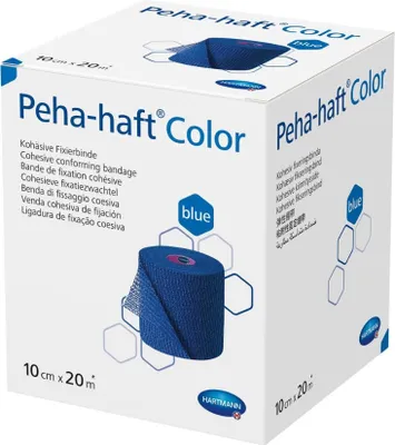 A product box for a blue cohesive bandage.