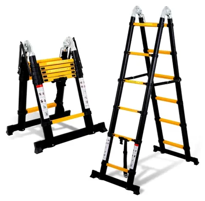 Produktbild von Teleskopleiter Aluminium 3,8 m (1,9 m + 1,9 m) Klappleiter mit Stabilisatoren, rutschfeste Aluminiumleiter, Tragkraft 150 kg, Schwarz-Gelb