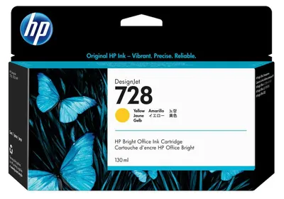 Zdjęcie produktu dla HP Wkład z atramentem żółtym DesignJet 728 o pojemności 130 ml, Drukarka HP DesignJet T730, wielofunkcyjna drukarka HP DesignJet T830, Termiczny druk atramentowy, Żółty, F9J65A, Singapur, 202 mm