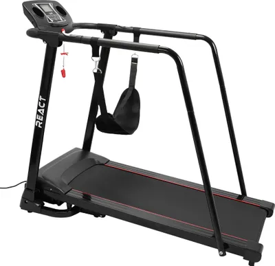 A black treadmill with red accents, shown from a side-angle against a white background.