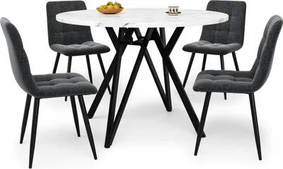 Produktbild von Esstisch-Set (5-teilig),mit 4 Stühlen,Modernes Küchen-Esstisch-Set,Runder Küchentisch,Metallbeine,MDF-Marmor-Tischplatte,Samt-Esszimmerstühle